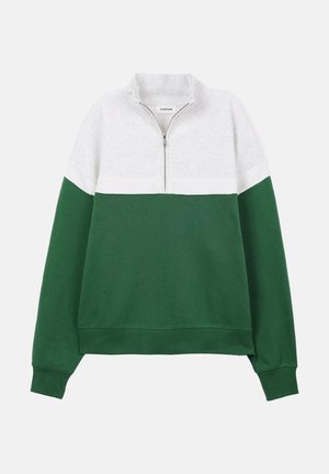 Pikad varrukadega pullover, mille alumine pool ja varrukad on rohelised, ülemine osa valge ning krae juures lühike esmine tõmblukk.