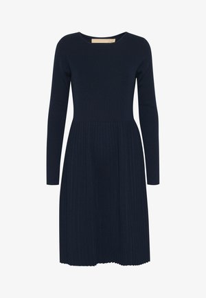 Vestido de manga larga azul marino con cuello redondo y falda plisada. Hecho de un material suave, presenta un cuerpo ajustado y una parte inferior fluida.