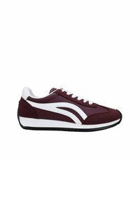 Zapatilla deportiva color burdeos con detalles en blanco, parte superior texturizada y suela de goma. Presenta un sistema de cordones tradicional y un diseño de punta redondeada.