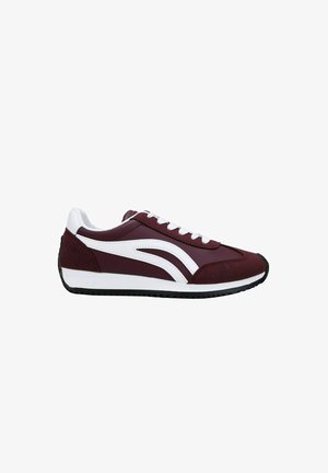 Maroon athletic shoe with white accents, a textured upper, and a rubber sole. Features traditional lacing and rounded toe design.
