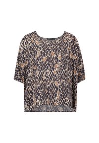 Krótki rękaw, krótki top z granatowym tłem w cętki leopardzie w odcieniach brązu i beżu. Wykonany z lekkiego materiału.