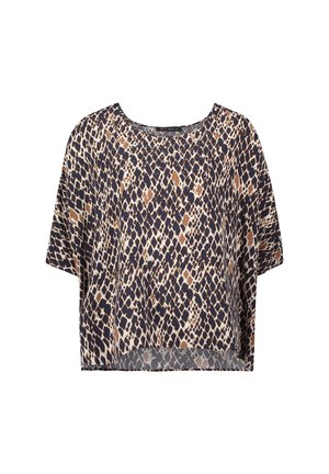 T-shirt court à manches courtes présentant un fond bleu marine avec un imprimé léopard dans des teintes de brun et de beige. Fabriqué en tissu léger.