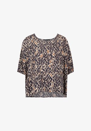 Korte ærmer, cropped top med en marineblå baggrund og leopardprint i nuancer af brune og beige. Lavet af letvægtsstof.