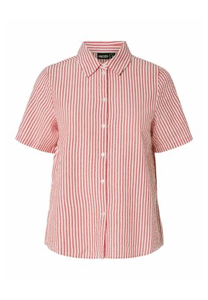 Kortärmad skjorta med knappar i röd och vit vertikalrandig design, med spetsig krage och avslappnad passform i texturerat tyg.