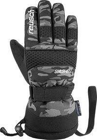 Black and gray camo ski gloves with a softshell material, textured palm, adjustable wrist strap, and cord lock for a secure fit.