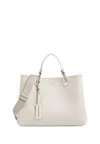 Borsa a tracolla bianca in pelle con doppio manico, dettagli in metallo dorato e tracolla removibile con logo embossato. Finitura texturizzata e forma elegante.