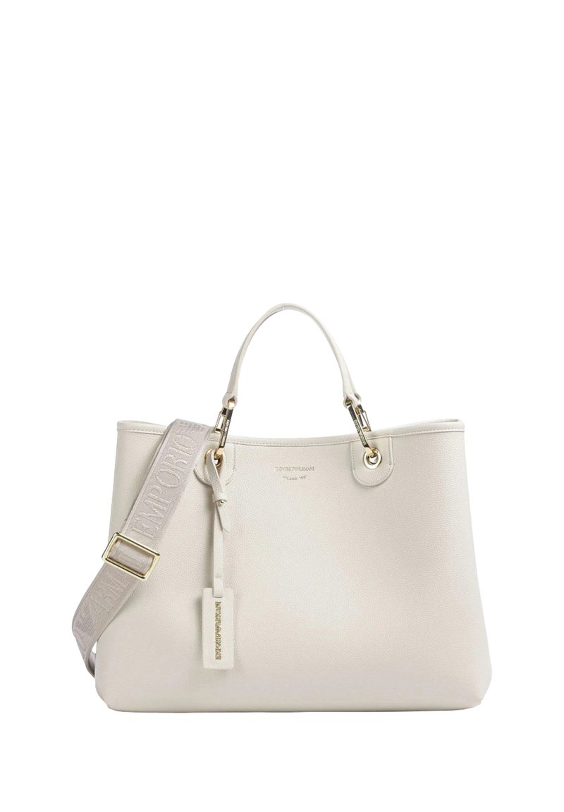 Borsa a tracolla bianca in pelle con doppio manico, dettagli in metallo dorato e tracolla removibile con logo embossato. Finitura texturizzata e forma elegante.
