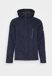Navy blue waterproof jacket with a zippered chest pocket, button closures, and hood. Smooth texture and modern design.