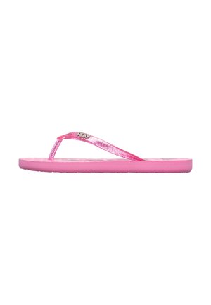 Rosa flip-flop gjord av gummi med en texturerad sula, tunna glittriga remmar och en liten silverlogotyp på en rem.