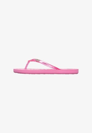 Rosa Flip-Flop aus Gummi mit einem strukturierten Fußbett, dünnen glitzernden Riemen und einem kleinen silbernen Logo-Accent an einem Riemen.