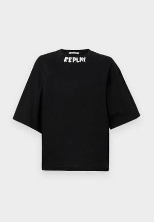Black short-sleeve t-shirt made of cotton, featuring a crew neck and white "REPLAY" logo across the front. Straight cut design.