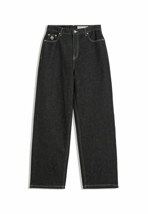 Black straight-leg jeans with white stitching, five-pocket design, button and zipper closure, and a small logo on the front right pocket.