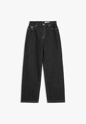 Sorte straight-leg jeans med hvid syning, fem lomme-design, knap- og lynlåslukning samt et lille logo på den frontale højre lomme.
