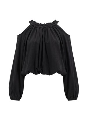 Blusa nera a manica lunga con tagli sulle spalle, scollatura raccolta e tessuto fluido e ampio.