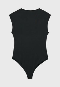 Black sleeveless bodysuit with a fitted design, smooth texture, and a thong-style bottom. Simple round neckline and clean lines throughout.