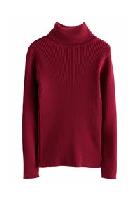 Gerippter Rollkragenpullover in tiefrot, mit einer figurbetonten Silhouette und langen Ärmeln. Der Stoff hat eine sanfte Textur mit vertikalen Streifen.