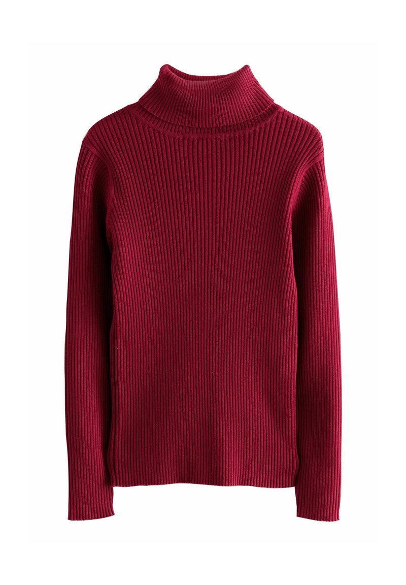 Gerippter Rollkragenpullover in tiefrot, mit einer figurbetonten Silhouette und langen Ärmeln. Der Stoff hat eine sanfte Textur mit vertikalen Streifen.