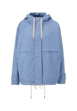 Lichtblauwe hoodie-jack met een ontspannen pasvorm, verstelbare taille, grote frontzakken en contrasterende beige trekkoorden. Glad stofoppervlak.