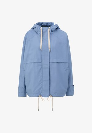 Veste à capuche bleu clair avec une coupe décontractée, taille à cordon de serrage, grandes poches avant et cordons beige contrastants. Texture de tissu lisse.