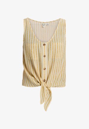 Geel-witte gestreepte mouwloze top met een diepe V-hals, houten knopen, twee voorzakken en een knoop in de taille.