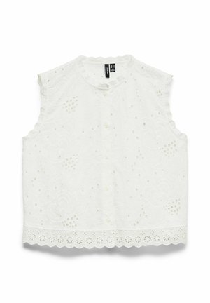 Valge varrukateta pluus lillemustrilise silmustikuga, laineliste servade ja eesmist nööpide kinnitamist.