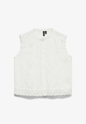 Valge varrukateta pluus lillemustrilise silmustikuga, laineliste servade ja eesmist nööpide kinnitamist.