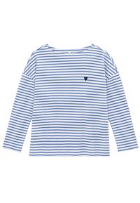 Chemise à manches longues rayée en coton blanc et bleu. Présente un petit logo en forme de cœur noir sur la poitrine gauche. Coupe droite, ajustement décontracté.