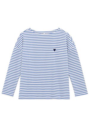 Camisa de manga larga a rayas en algodón blanco y azul. Presenta un pequeño logo en forma de corazón negro en el pecho izquierdo. Corte recto, ajuste relajado.