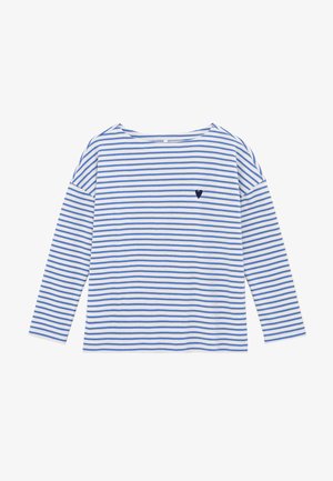 Camisa de manga larga a rayas en algodón blanco y azul. Presenta un pequeño logo en forma de corazón negro en el pecho izquierdo. Corte recto, ajuste relajado.