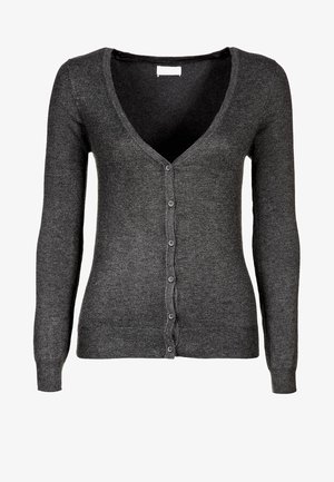 Grijze vest met lange mouwen en V-hals, voorzien van een knoopsluiting aan de voorkant en een geribbelde zoom en manchetten, gemaakt van een zachte gebreide stof.