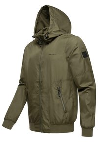 Olijfgroen hoodie met een ritssluiting aan de voorkant, elastische manchetten en twee met rits toegankelijke zijzakken. Heeft een logo-patch op de linker mouw.