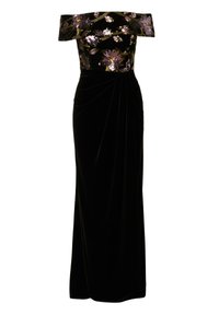 Schwarzes, schulterfreies Abendkleid aus Samt mit floralen Paillettenverzierungen am Oberteil, das über drapierte Details an der Taille verfügt.