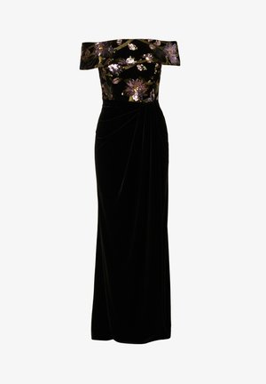 Off-the-shoulder zwarte fluwelen jurk met bloemachtige paillettenversieringen op het lijfje, voorzien van gedrapeerde details bij de taille.