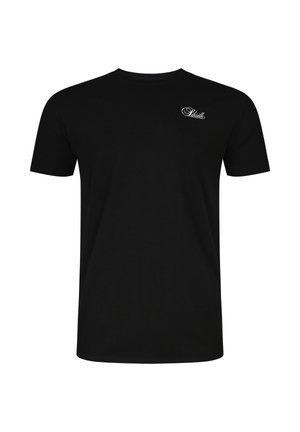 Svart t-skjorte med korte ermer og rund hals, med liten hvit "SikSilk"-logo på øvre venstre bryst.