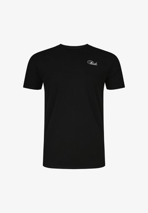 Černé triko s krátkým rukávem a kulatým výstřihem s malým bílým logem "SikSilk" na levé horní straně hrudi.