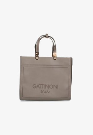 Graue Leder-Tote mit doppelten Obergriffen, vergoldeten Beschlägen, geprägtem Branding "GATTINONI ROMA" und glatter Textur.