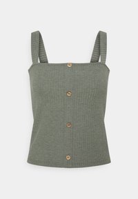 Olivgröna ärmlösa toppen med fyrkantig halsringning, ribbad textur och fem träknappar i mitten.