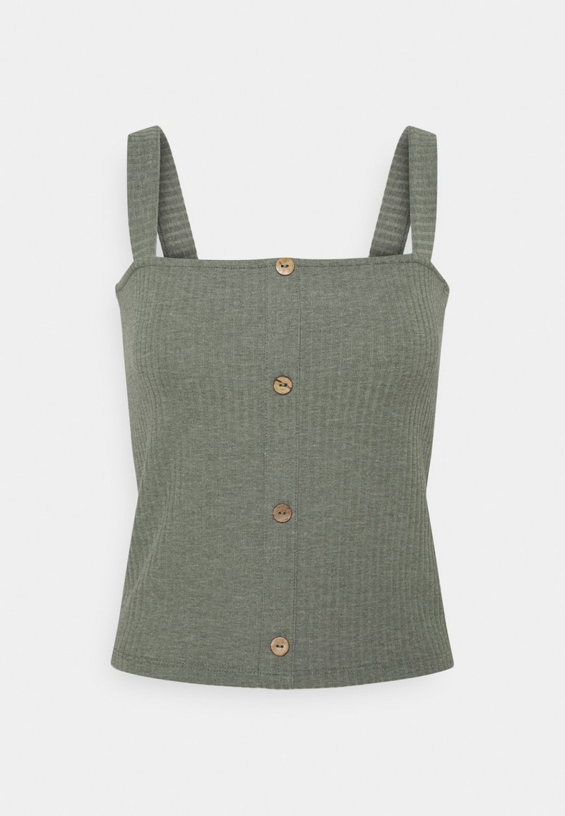 Haut sans manches vert olive avec un décolleté carré, texture côtelée et cinq boutons en bois le long du centre.