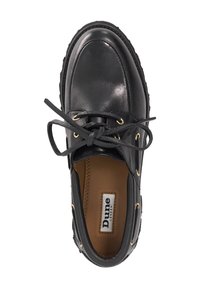 Black leather shoe with a smooth finish, round toe, and lace-up design. Features gold eyelets and a brown insole with branding.