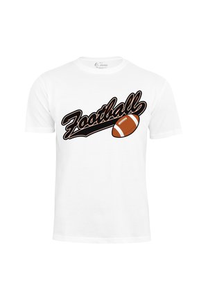 Weißes Baumwoll-T-Shirt mit schwarzem Schriftzug "Football" und einem orangefarbenen Fußball-Graphic. Kurze Ärmel und Standardpassform.