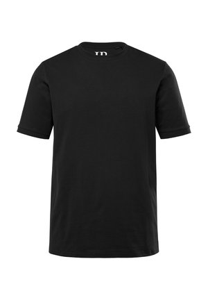 Zwarte kortekorte mouwen t-shirt van katoen met een ronde hals. Naadloos ontwerp en eenvoudige constructie zonder patronen of versieringen.