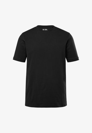 Schwarzes T-Shirt mit kurzen Ärmeln aus Baumwolle und Rundhalsausschnitt. Nahtloses Design und einfache Konstruktion ohne Muster oder Dekorationen.