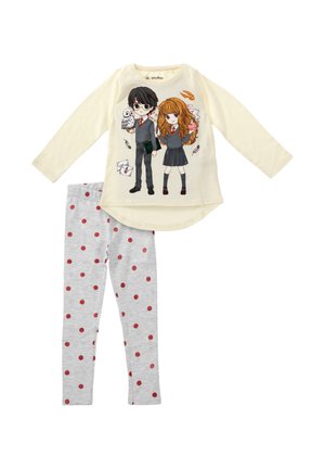 Children’s pajama set with cream long-sleeve top featuring cartoon wizard and witch, and gray leggings with red polka dots.