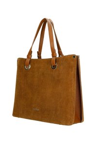 Brązowa torebka z zamszu z dwoma skórzanymi uchwytami o fakturze, metalowymi akcentami i detalem logo. Prostokątny kształt z gładkim wykończeniem wnętrza.