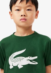 T-shirt en coton vert avec un grand graphique de crocodile blanc orné de motifs triangulaires, col rond et manches courtes.