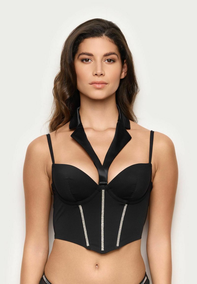 Sort struktureret korsettop med satin krave, undertråd kopper og pyntede krystal linjer ned ad forsiden. Justerbare stropper.