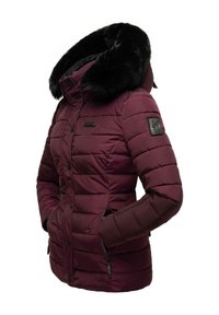 Maroon puffer jacket with a faux fur hood, zippered side pockets, and padded design. Features a logo patch on the left sleeve.