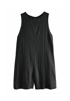 Schwarzer ärmelloser Overall mit dezenten vertikalen Streifen, rundem Ausschnitt und kurzen Hosenbeinen.