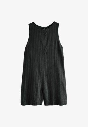 Black sleeveless romper with subtle vertical stripes, round neckline, and short-length legs.