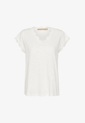 Hvid V-hals t-shirt med korte, flæseærmer og bølget blondekant. Fremstillet af blødt, let materiale med en afslappet pasform.